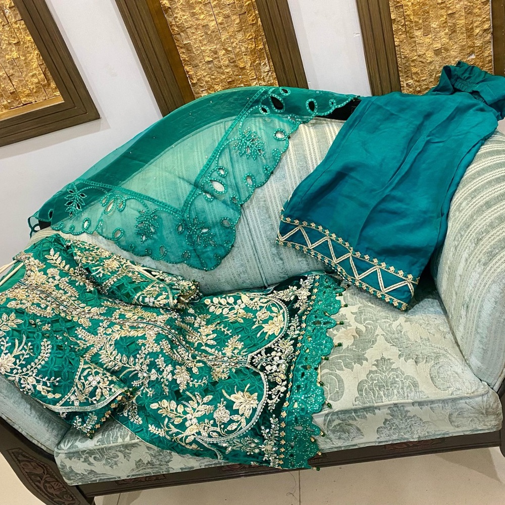 Pakistani Designer Maria.B Elegant Teal Embroidered Outfit size medium